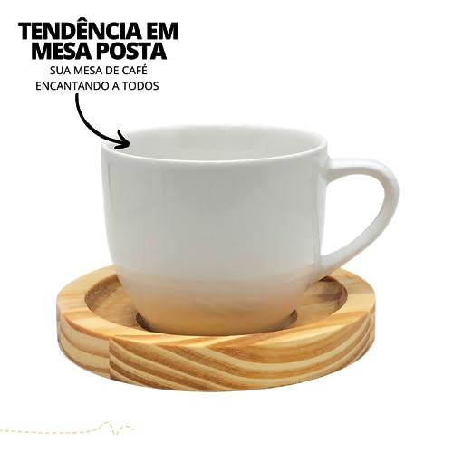 Jogo 6 Xicara Cafe Colorida Porcelana Pires Madeira 95ml - Mundo Da Porcelana (Branca)