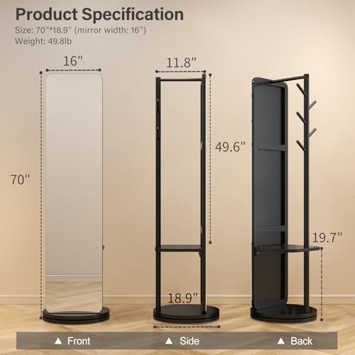 Image of AnywaysWood 70 inchx19 inchFull Length Mirror with Stand,Coat Rack with Mirror,Solid Wood Floor Mirror,Swivel Mirrorfor Bedroom, Living Room, Cloakroom