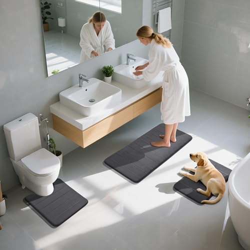 Yimobra 3 Pieces Memory Foam Bath Mat Set with U-Shaped Toilet Rug - Non Slip Super Soft Absorbent Quick Dry Bathroom Rugs for Bathtub, Vanity & Toilet Base, Dark Gray by Yimobra - Image 7