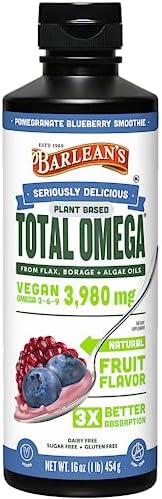 Barlean's Liquid Flaxseed, Borage and Algae Oils Omega 3 Supplement, Pomegranate Blueberry Flavor, Vegan EPA and DHA, Flax and Borage Seed Oil with 3,980 mg of Omega-3-6-9, 16 oz
