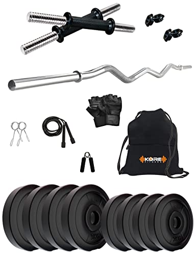 Image of Kore PVC 20 Kg Home Gym Set With One 3 Ft Curl Rod And One Pair Dumbbell Rods With Gym Accessories, Black