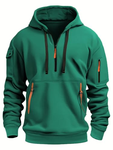 MakingDa Mens 1/4 Zip Pullover Hoodie Zipped Pocket Fleece Drawstring Long Sleeve Tracksuit Tops Cuff Shirts Hooded Loose Fit Casual Classic Fashion Work Hoody Sweatshirts Dark Green 4XL