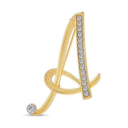Image of Bling Jewelry Large Statement ABC Pave Crystal Cursive Script Monogram Letters Alphabet Initial Scarf Lapel Pin Brooch For Teen Women Rose, Yellow Gold Silver Plated