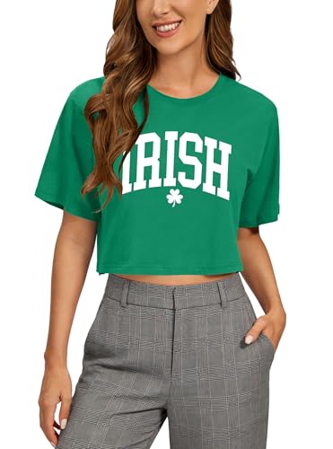 Ithalt St Patricks Day Shirt Women Lucky Irish Shamrock T Shirt Girls Short Sleeve Crop Tops for Saint Patrick's Day(IrishGreen1, Large)