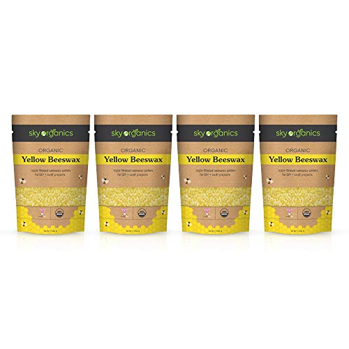 Organic Yellow Beeswax Pellets (1lb x 4 Pack) by Sky Organics 100% Pure USDA Organic Bees Wax Pesticide-Free Triple Filtered Easy Melt Beeswax Pastilles for DIY Candles Skin Care Lip Balm