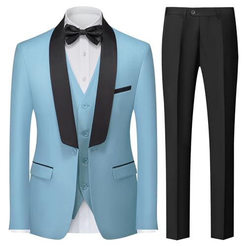 KUDORO Costume Homme 3 Pièces Slim Fit Mariage Business Smoking d'affaires à Un Bouton pour Fête Bal Blazer Veste et Pantalon Gilet(Bleu Clair,XL)