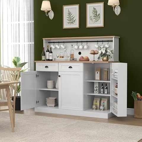Gyfimoie Sideboard Buffet Cabinet with 2 Drawers, Farmhouse Kitchen Pantry Cabinet with Adjustable Shelves, Coffee Bar Cupboard Cabinet with 3 Doors for Kitchen, Dining Room (White) Cover
