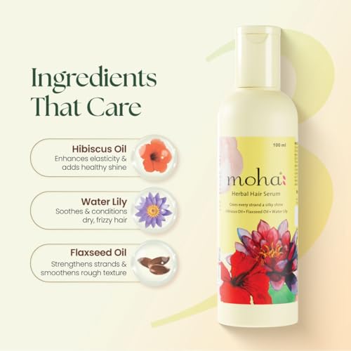 Image of Moha Herbal Hair Serum with Hibiscus, Flaxseed & Water Lily for Dry and Healthy Hair | Enhance Shine, Softness, & Smoothness, Reduces Hair Fall & Soothes Scalp | Clinically Proven Lightweight Formula, Non-Sticky Daily Use for All Hair Type | Best Serum for Frizz-Free & Shiny Hair - 100 Ml (Pack of 1)