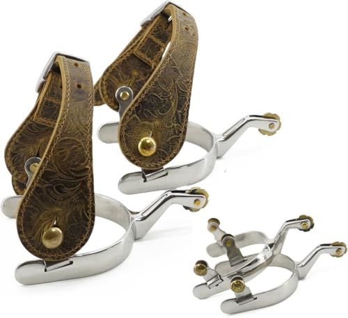 Jeereal Stainless Steel Western Spurs with Leather Spur Straps, 3/4 Inch Band, 1-3/4 Inch Shank, Brass Rowel