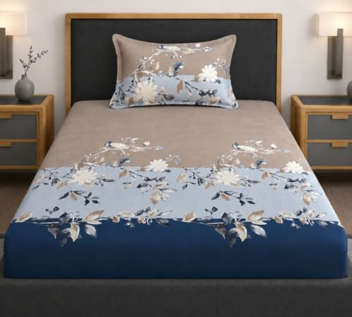 Image of Vaini Premium Heavy Cotton Elastic Fitted Bedsheets with 1 King Size Pillow Covers || Single Bed with All Around Elastic 350 TC || 36 x 78 x 6 Inch Single Size Fitted || :- Blue Tricolor