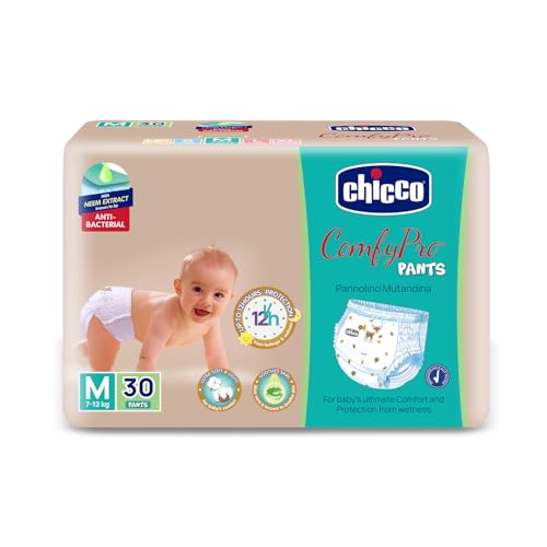 Image of Chicco Comfy-Pro Pant Style Baby Diapers | Anti-bacterial benefits | Ultra Soft & 12hrs protection | Wetness indicator & Disposing Tapes - Medium, 30 Count, 7-12 Kg