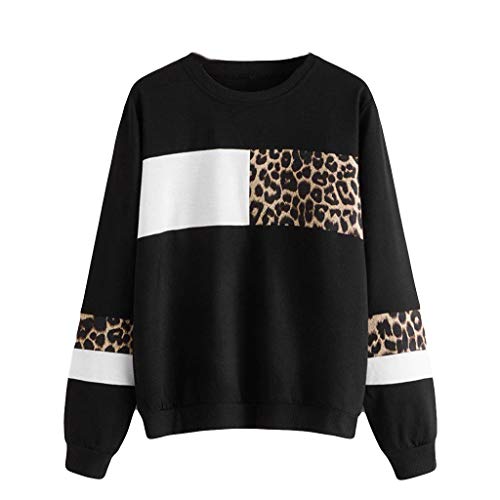 Women Casual Sweatshirt Triple Color Block Long Sleeve Crewneck Pullover Tops Leopard Print Jump Tops uBabamama(Black,XXL)