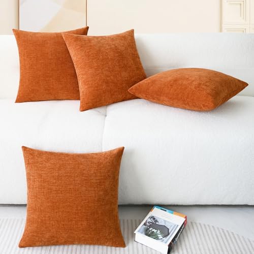 CaliTime Pack of 4 Cozy Throw Pillow Covers Cases for Couch Sofa Home Decoration Solid Dyed Soft Chenille 18 X 18 Inches Burnt Orange - 5