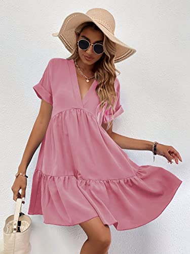 Image of WDIRARA Women's Roll Up Short Sleeve V Neck Ruffle Hem Solid Swing Smock Dress