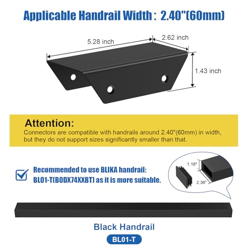 BLIKA Handrail Connector, Black Powder Coated Aluminum Straight Sleeve for Deck Stair Cable Railing Rectangular Handrail, Extension Connectors for Hand Rail