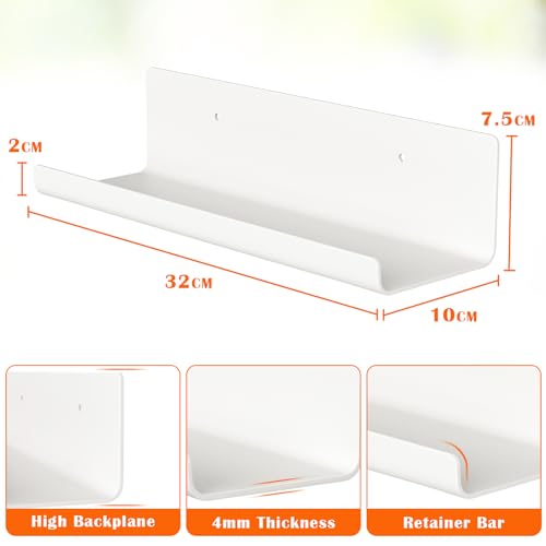 WELDUN 4er Set Wandregal Ohne Bohren, 32cm Kleberegal Schweberegal Dekorative Wandregale für Wohnzimmer, Schlafzimmer, Badezimmer, Küche, Selbstklebend, Kunststoff, Weiß