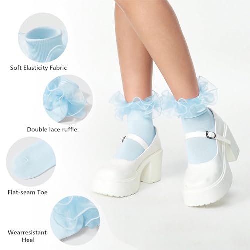 Image of Women Big Ruffle Ankle Socks Adult Double Lace Frilly Socks Fold Cuff Cotton Ruffled Dress Crew Bobby Bride Sock
