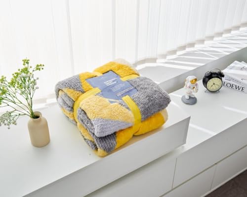 Inspire Me Teddy Check Stripes Lichfield Throw Sherpa Fleece Luxurious Super Soft Warm Throw Lightweight Easy Care Luxury Blankets Throw King Size (Ochre Grey, 200x240)