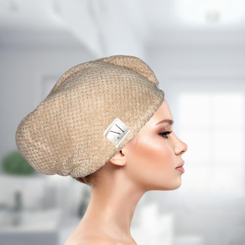 Makrina Store, Toalla Microfibra Pelo, Toalla Turbante Cabello, Microfibra Secado Rápido, Anti Frizz, 3 Piezas, Hecho a Mano (Beige)