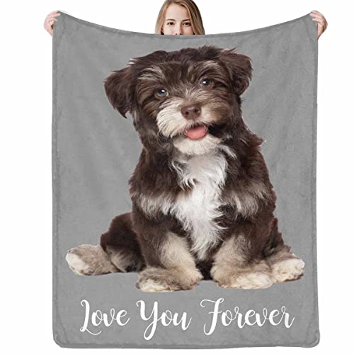 Photo Custom Throw Blanket with Text Made in US, Memorial Blankets Personalized with Picture for Pet Dog Cat Family Friend Birthday Loving Memory Gift