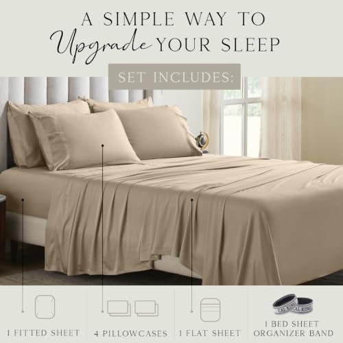 Image of KARISSA MAE 6 Piece Luxury Bamboo Viscose California King Size Sheet Set | FSC Certified | Cooling | Ultra Soft | 18 inch Deep Pockets | 4 Pillowcases | Includes Organizer Band [Wheat]