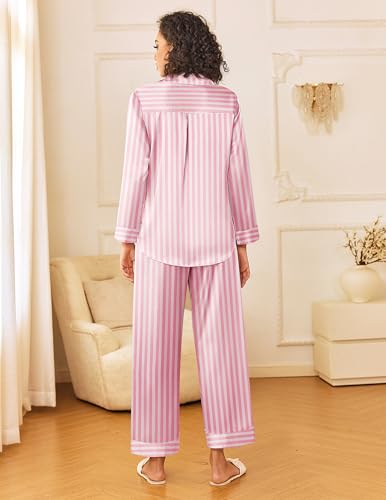 Ekouaer Womens Silk Satin Pajama Sets 2 Piece Sleepwear Pjs Set Long Sleeve Button Down Top and Pants Stripe Loungewear S-XXL2