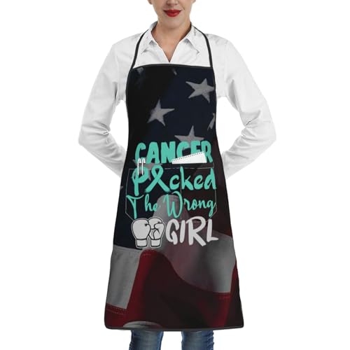 nopicsn Cancer Picked The Wrong Girl Cervical Cancer Apron for cooking with Pockets Women Men Kitchen Chef Funny Aprons