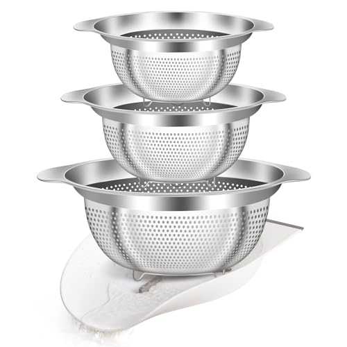 Stainless Steel Colander for Kitchen Pasta Rice Strainer for Spaghetti Fruit Cooking Food 3 Pcs Set Metal Mesh Strainers and Colanders(2QT, 3QT, 5QT),Dishwasher Safe,with Over-Sink Water Draining Base