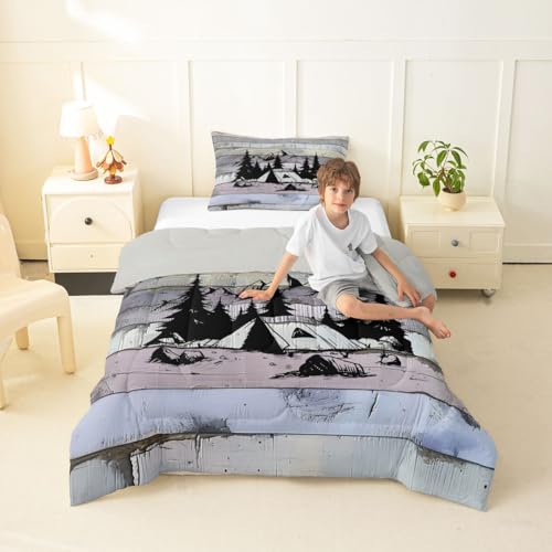 Erosebridal Camping Tent Comforter Set Pineforest Lodge Cabin Camp Twin Bedding Sets for Girls Kids Teens Child Smoky Mountain Comforter Wooden Plank Rustic Quilt