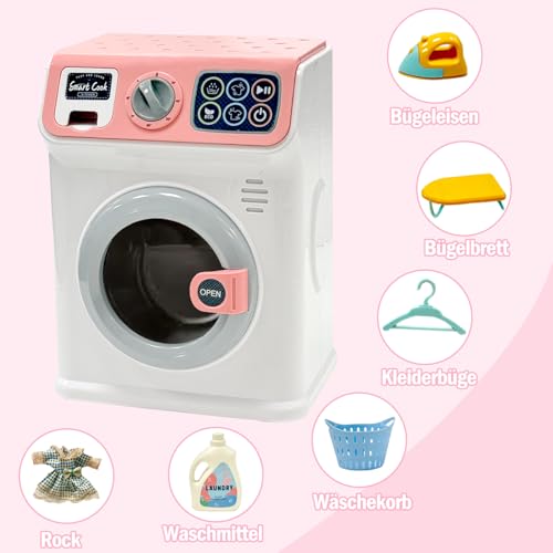 BAYMI Waschmaschine Kinder - Elektronische Kleine Waschmaschine mit Rotierender Trommel und Realistischen Geräuschen, Spielzeug für Kinder ab 3 Jahren (Rosa)