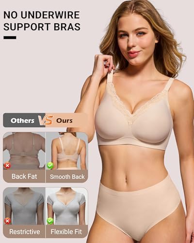 HORISUN Wireless No Underwire Bra for Women V-Neck Lace Trim Seamless Bra - 4