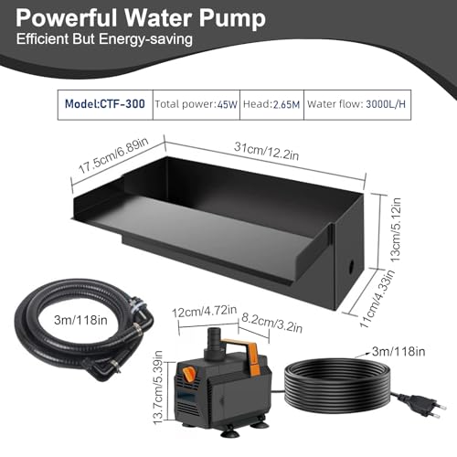 Zephviora Wasserfall Set 30 cm für Gartenteich, 304 Edelstahl Wasserfall Box mit 45W 3000 L/h Pumpe & 3m Schlauch – Verstellbarer Durchfluss für Breiten Wasserfall, Bachlauf & Quellstein