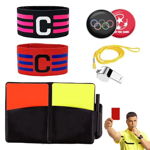 Kit Arbitro Futbol, Juego de Tarjetas de Árbitro de Fútbol con Papel de PVC Amarillo-Rojo, Cordón de Silbato, Cordón Corto, 2 Brazaletes de Capitán C, Clip Doble y Bolsillo para Partidos de Fútbol