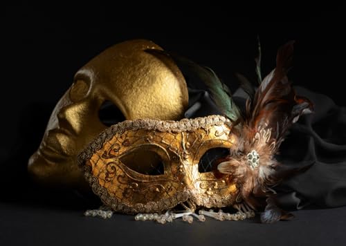 Fond bal masqué vénitien en tissu avec masques à plumes d'or contrastés