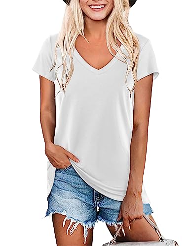 Beluring Womens Vneck Short Sleeve Tshirt Casual Plain Summer Tops (White,L) #TOP23