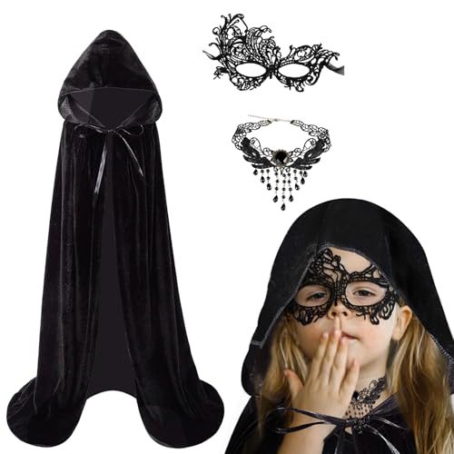 Halloween Umhang Kinder mit Maske & Halskette,3er Samt Schwarzer...