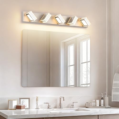 Image of SOLFART LED Bathroom Lighting Fixtures - 5 Lights Modern Brushed Nickel Acrylic Vanity Lights for Mirror 32inch 24W 5CCT
