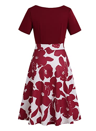 Image of Women's Elegant Vintage Dresses Knee Length Casual Floral Print Work Party Peter Pan Collar A-Line Dress with Pockets 978