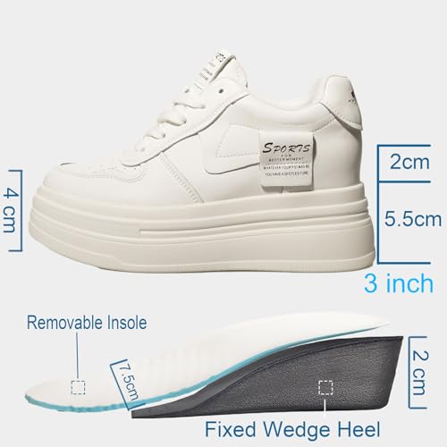 3 inch Platform Sneakers for Women - Chunky White Leather Shoes with 5.5cm Heel & 2cm Platform Shoes, Cushioning Comfortable Footwear for Walking, Casual Women's Fashion Sneakers Non slip sole2