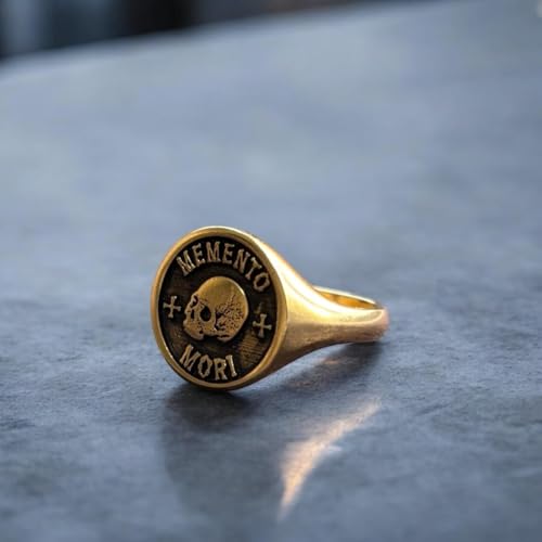 Bague Memento Mori argent 925 chevalière ronde hypoallergénique plaquée or durable