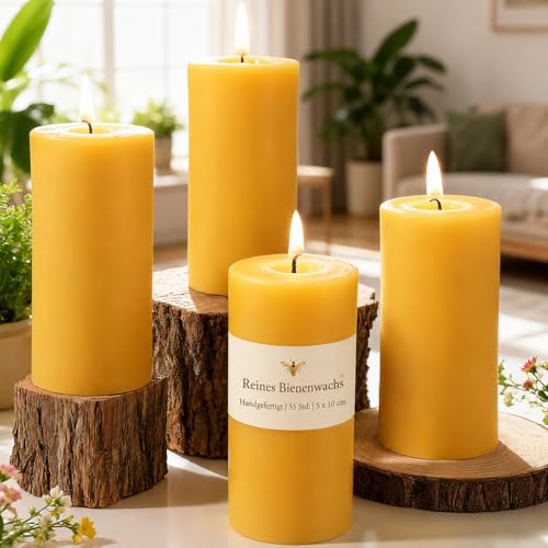 4er-Pack Bienenwachs Zylinderkerzen jede brennt 35 Stunden 100% reines Bienenwachs für Zuhause perfekt für Entspannung und Ambiente (4 5 cm Breite x 10 cm Höhe)