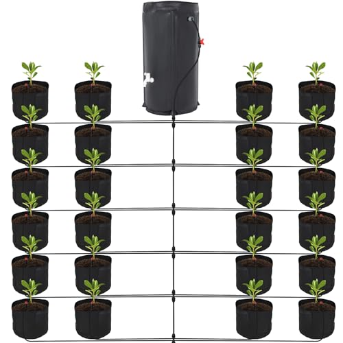 Toriexon Auto Drip Irrigation System Kits, with 26 Gallon Bucket, 25W Water Pump, 24 Drip Emitters, 24 Planting Bags for Indoor and Outdoor Automatic Watering System for Grow Tent, Greenhouse, Lawn