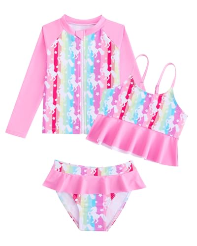 WYTbaby 3-Piece Girls Swimming Costume Rash Guard Set Long Sleeve Ruffle Shorts Tankini Sets Girls Swimsuit 3-4 Years