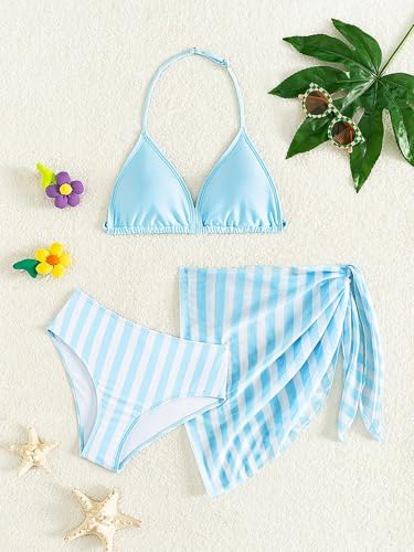 Image of SEGT Girl's 3 Piece Striped Bikini Swimwear Cute Swimsuits Bathing Suit High Waisted with Cover Up Beach Skirt