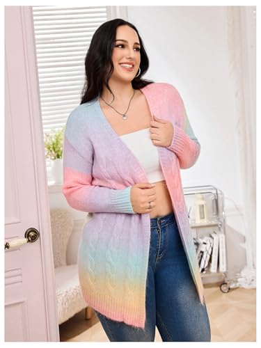 Image of MakeMeChic Women's Plus Size Rainbow Colorful Cardigans Open Front Long Sleeve Knit Cardigan Sweater