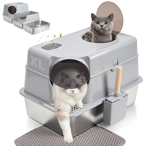 FUTAM ステンレススチールリッターボックス 蓋付き XL 特大 猫用トイレボックス 大型猫用 フロント&トップエントリー 金属製猫用トイレ トイレスコップ&トイレマット付き 無臭、漏れ防止の商品画像（Amazon）