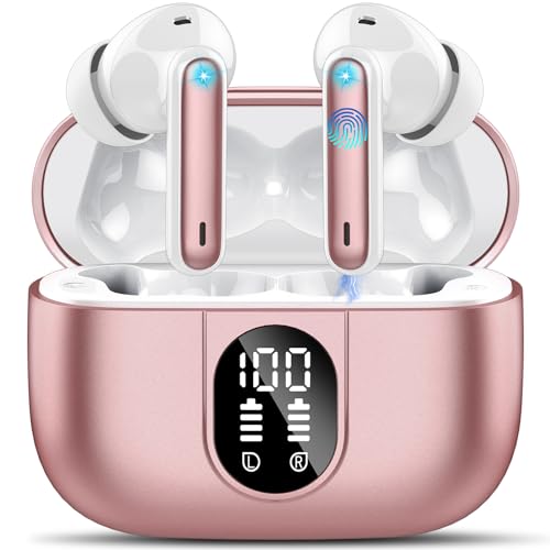 Wireless Earbuds, 2025 Bluetooth 5.3 Headphones HiFi Stereo Ear Bud, 40Hrs Playtime Bluetooth Earbuds with 4 ENC Noise Cancelling Mics, IP7 Waterproof, LED Display Wireless Earphones for Sport Rose