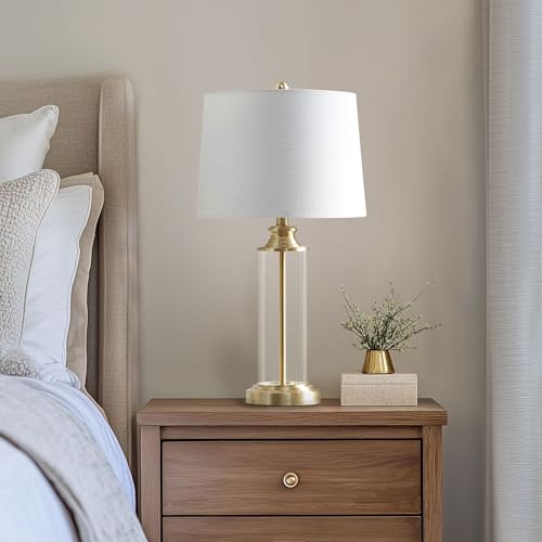 510 DESIGN Table Lamp for Bedroom Set of 2 - Clear Glass Cylinder Body with Gold Accents, Modern Study Lamp, Clear Polarized Cord, Rotary On/Off Switch On Socket, Clarity Lamp Decor, 26" H Gold by 510 DESIGN - Image 2