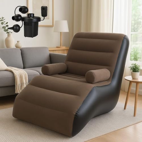 Image of Inflatable Recliner Deck Chair Sofa with 2-in-1 Electric Air Pump, Foldable Lounge Chair with Armrests, Flocked Air Sofa for Bedroom, Living Room, Gaming, Reading and Relaxation | Brown