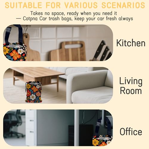 Image of Colorful Flowers Car Trash Bag, Hanging Drawstring Car Garbage Bag,Canvas Car Back Seat Organizer with Adjustable Buckle for Men and Women